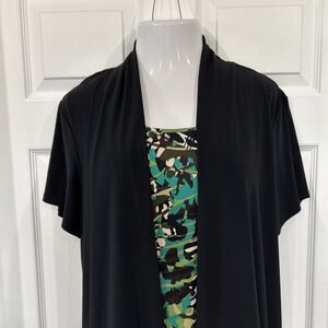 Perseption Black & Green Faux Twinset Stretch Career Blouse Top Plus Size 3X
